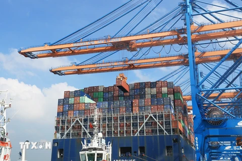 Bốc dỡ container lên tàu trọng tải 200.000DWT tại cảng quốc tế Gemalink, thị xã Phú Mỹ, tỉnh Bà Rịa-Vũng Tàu. (Ảnh: Hồng Đạt/TTXVN)