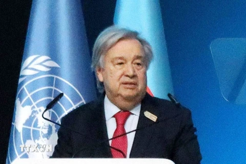 Tổng thư ký LHQ Antonio Guterres phát biểu tại Hội nghị lần thứ 29 Các bên tham gia Công ước khung của Liên hợp quốc về Biến đổi khí hậu (COP29) ở Baku (Azerbaijan). (Ảnh: Kyodo/TTXVN)