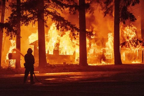 Nhân viên cứu hỏa nỗ lực khống chế các đám cháy rừng tại hạt Plumas, bang California (Mỹ), ngày 25/7/2021. (Ảnh: AFP/TTXVN)