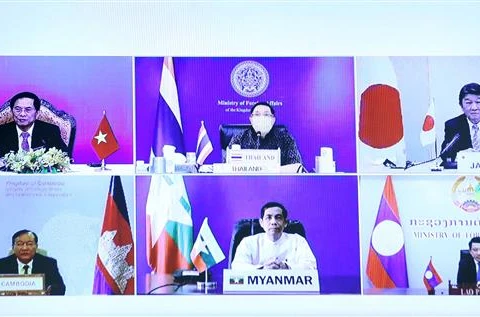 Bộ trưởng Ngoại giao các nước tham dự Hội nghị Hợp tác Mekong-Nhật Bản lần thứ 14 theo hình thức trực tuyến, ngày 6/8/2021. (Ảnh: Phạm Kiên/TTXVN)