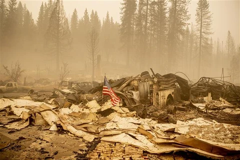 Cảnh tượng hoang tàn sau vụ cháy rừng tại Greenville, California (Mỹ), ngày 7/8/2021. (Ảnh: AFP/TTXVN)