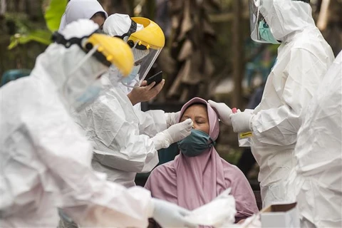 Nhân viên y tế lấy mẫu xét nghiệm COVID-19 cho người dân tại Yogyakarta (Indonesia), ngày 4/8/2021. (Ảnh: THX/TTXVN)