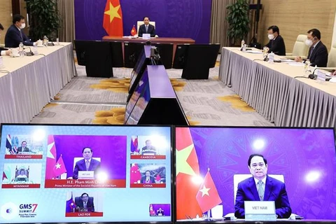 Hội nghị Thượng đỉnh Hợp tác tiểu vùng Mekong mở rộng lần thứ 7, ngày 9/9/2021, tại điểm cầu Hà Nội. (Ảnh: Dương Giang/TTXVN)