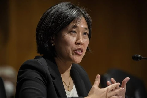 Đại diện Thương mại Mỹ Katherine Tai phát biểu tại một phiên điều trần ở Washington, D.C. ngày 25/2/2021. (Ảnh: AFP/TTXVN)