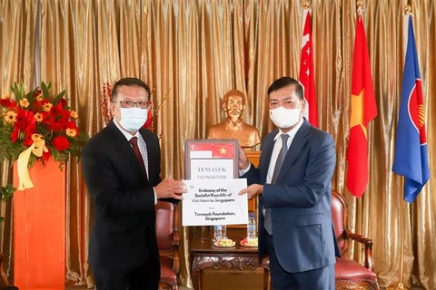 Đại sứ Việt Nam tại Singapore Mai Phước Dũng (phải) tiếp nhấn tượng trưng lô hàng do Quỹ Temasek trao tặng. (Ảnh: Lê Dương/TTXVN)