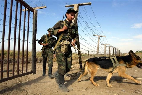 Lực lượng bảo vệ biên giới Tajikistan tuần tra tại khu vực thị trấn Pyandj, biên giới với Afghanistan. (Ảnh: AFP/TTXVN)
