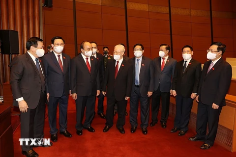 Tổng Bí thư Nguyễn Phú Trọng với các lãnh đạo Đảng, Nhà nước dự Lễ khai mạc Kỳ họp thứ 2, Quốc hội khóa XV Ảnh: Trí Dũng (Ảnh: Trí Dũng/TTXVN)