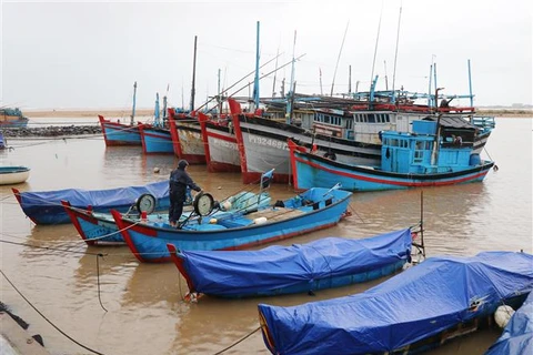 Ngư dân thành phố Tuy Hòa (tỉnh Phú Yên) gia cố lại tàu thuyền để ứng phó với mưa lớn, gió mạnh. (Ảnh: Phạm Cường/TTXVN)