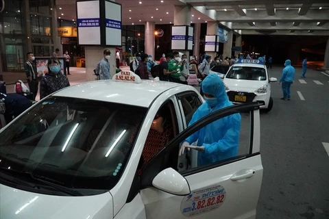 Xe taxi vận chuyển hành khách từ sân bay Cát Bi về nơi cách ly. (Nguồn: laodong.vn)