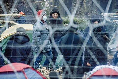 Người di cư tập trung tại Belarus, gần cửa khẩu ở Kuznica, phía Đông Ba Lan, ngày 11/11/2021. (Ảnh: PAP/TTXVN)