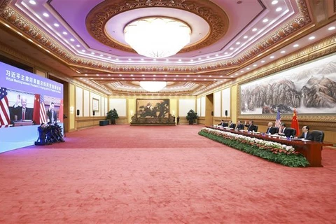 Cuộc họp thượng đỉnh Mỹ-Trung theo hình thức trực tuyến, tại Bắc Kinh (Trung Quốc), ngày 16/11/2021. (Ảnh: THX/TTXVN)