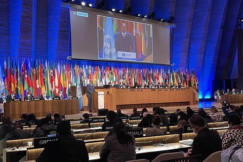 Quang cảnh phiên họp công bố danh sách các nước trúng Hội đồng chấp hành UNESCO nhiệm kỳ 2021-2025. (Ảnh: Thu Hà - P/v TTXVN tại Paris) 