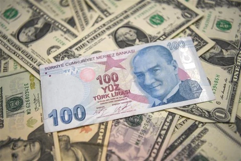 Đồng lira (trên) của Thổ Nhĩ Kỳ và đồng USD. (Ảnh: AFP/TTXVN)