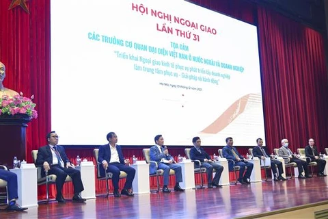 Trưởng Cơ quan đại diện Việt Nam ở nước ngoài và các diễn giả dự tọa đàm. (Ảnh: TTXVN)