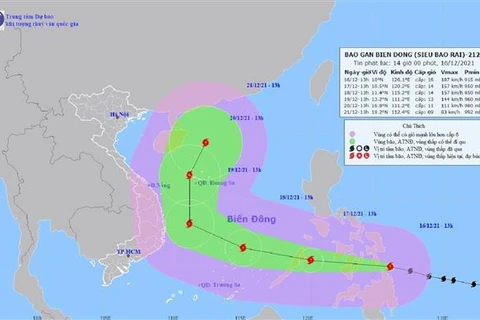 Đường đi của siêu bão Rai trên biển Đông. (Ảnh: TTXVN)