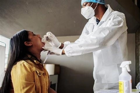 Nhân viên y tế lấy mẫu xét nghiệm COVID-19 cho người dân tại Richmond, Johannesburg (Nam Phi). (Ảnh: AFP/TTXVN)