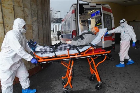 Nhân viên y tế chuyển bệnh nhân COVID-19 vào bệnh viện ở Vacsava (Ba Lan). (Ảnh: AFP/TTXVN)