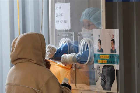 Nhân viên y tế lấy mẫu xét nghiệm COVID-19 cho người dân tại Seoul (Hàn Quốc), ngày 23/1/2022. (Ảnh: Yonhap/ TTXVN)