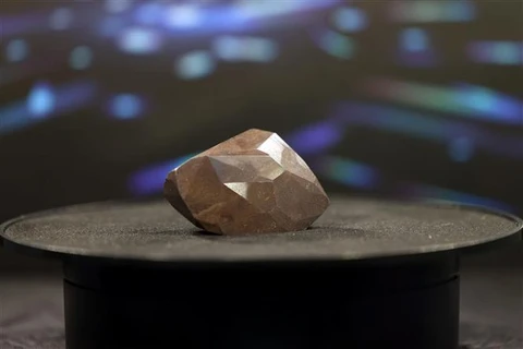 Viên kim cương đen nặng 555,55 carat mang tên Huyền bí được trưng bày tại Nhà đấu giá Sotheby's ở Dubai (UAE) hồi tháng Một. (Ảnh: AFP/TTXVN)