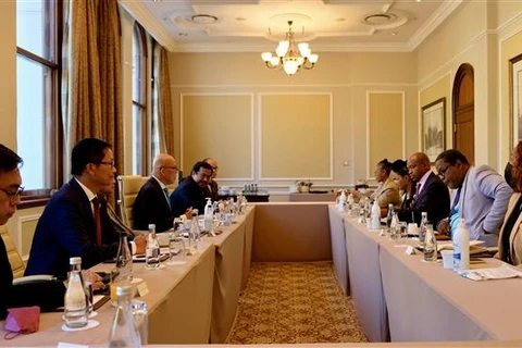 Đại sứ Hoàng Văn Lợi (thứ hai, trái) tại buổi làm việc với ông Supra Mahumapelo - Chủ tịch Ủy ban Đối ngoại của Quốc hội Nam Phi (thứ ba, phải). (Ảnh: Lê Đình Lượng/TTXVN)
