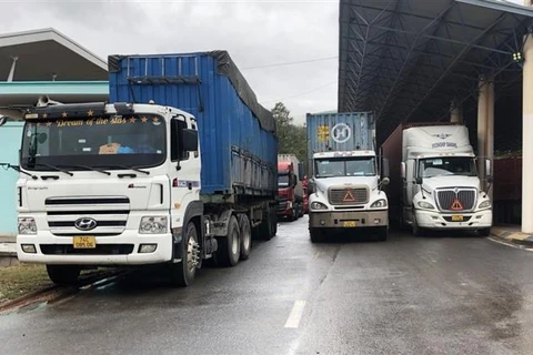 Các phương tiện vận tải hàng hóa chờ làm thủ tục thông quan tại Cửa khẩu Quốc tế Lao Bảo (Quảng Trị). (Ảnh: Thanh Thủy/TTXVN)