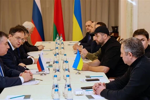 Phái đoàn Nga (trái) và Ukraine tại cuộc đàm phán ở vùng Gomel, gần biên giới Belarus-Ukraine ngày 28/2/2022. (Ảnh: AFP/TTXVN)