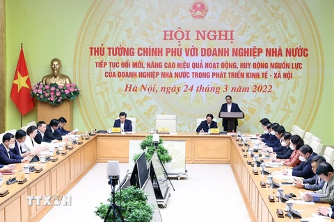 Thủ tướng Phạm Minh Chính chủ trì hội nghị, sáng 24/3/2022 tại Hà Nội. (Ảnh: Dương Giang/TTXVN)