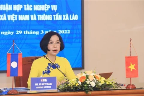 Tổng Giám đốc Thông tấn xã Việt Nam Vũ Việt Trang phát biểu tại buổi hội đàm. (Ảnh: Tuấn Anh/TTXVN)