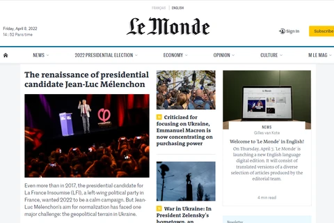 Giao diện trang chủ bản điện tử tiếng Anh của báo Le Monde, lúc 14h52 (giờ Paris) ngày 8/4/2022. (Ảnh chụp màn hình)