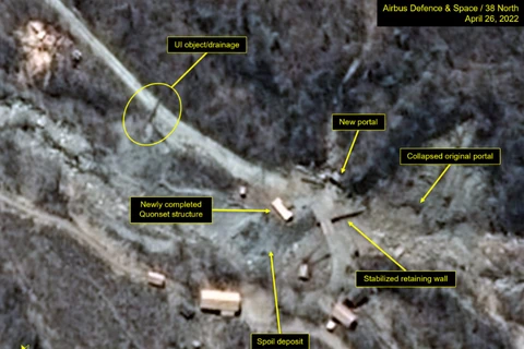 Hình ảnh các hoạt động tại bãi thử hạt nhân Punggye-ri, được chụp từ vệ tinh ngày 26/4/2022. (Nguồn: 38north.org)