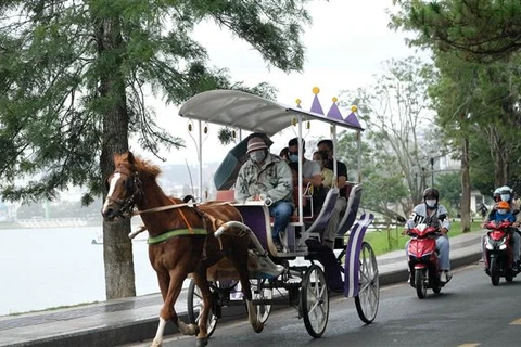 Du khách trải nghiệm đi xe ngựa tham quan hồ Xuân Hương, thành phố Đà Lạt sáng 30/4. (Ảnh: Nguyễn Dũng/TTXVN)