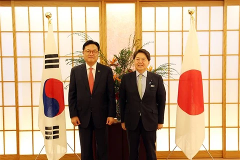 Ngoại trưởng Nhật Bản Yoshimasa Hayashi (phải) và nghị sỹ Chung Jin-suk thuộc đảng Quyền lực quốc dân của Tổng thống đắc cử Yoon Suk-yeol (Hàn Quốc) tại cuộc gặp ở Tokyo, ngày 25/4/2022. (Ảnh: Yonhap/TTXVN)