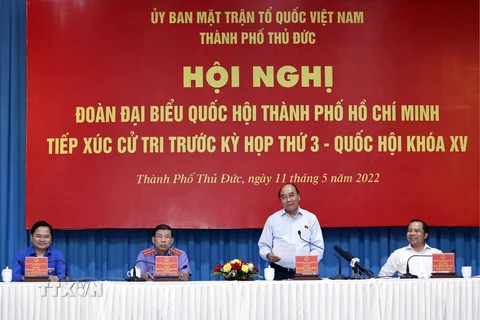 Chủ tịch nước Nguyễn Xuân Phúc phát biểu tại buổi tiếp xúc cử tri tại thành phố Thủ Đức (Thành phố Hồ Chí Minh), chiều 11/5. (Ảnh: Thống Nhất/TTXVN)