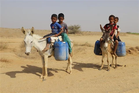 Trẻ em lấy nước sinh hoạt tại huyện Abs, tỉnh Hajjah (Yemen), ngày 21/3/2022. (Ảnh: THX/TTXVN)