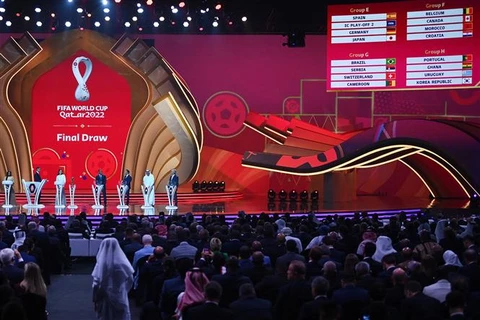 Toàn cảnh lễ bốc thăm chia bảng vòng chung kết World Cup 2022 tại thủ đô Doha (Qatar), ngày 1/4/2022. (Ảnh: AFP/TTXVN)
