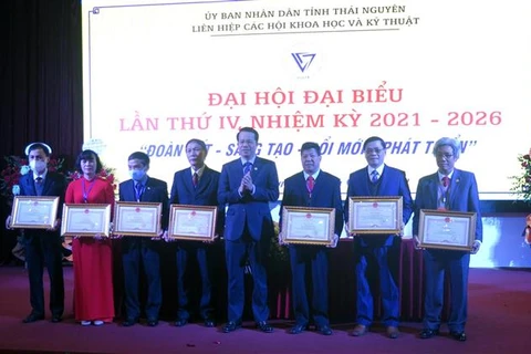 Ông Dương Văn Lượng trao Bằng khen cho các cá nhân thuộc Liên hiệp các hội khoa học và kỹ thuật Thái Nguyên. (Ảnh: Trần Trang/TTXVN)