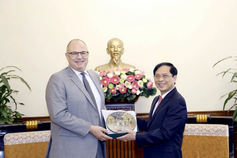 Bộ trưởng Bộ Ngoại giao Bùi Thanh Sơn tặng quà lưu niệm cho Đại sứ Kim Højlund Christensen. (Nguồn: baoquocte.vn)