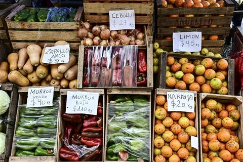 Rau củ được bày bán tại khu chợ ở Tigre, Buenos Aires (Argentina). (Ảnh: AFP/TTXVN)