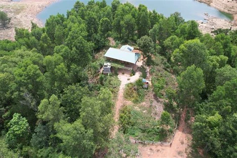 Một căn nhà sàn xây trái phép trong khu vực lòng hồ Định Bình, thuộc đất rừng phòng hộ do Ban Quản lý rừng phòng hộ Vĩnh Thạnh quản lý. (Ảnh: Tường Quân/TTXVN)