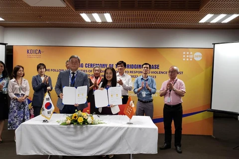 Ông Cho Han Deog, Giám đốc Văn phòng Cơ quan Hợp tác quốc tế Hàn Quốc tại Việt Nam và bà Naomi Kitahara, Trưởng Đại diện UNFPA tại Việt Nam trao đổi văn bản ký kết. (Nguồn: UNFPA Việt Nam)