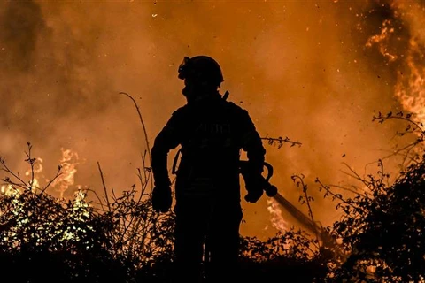 Lực lượng cứu hỏa nỗ lực dập lửa cháy rừng tại Eiriz in Baiao, phía bắc Bồ Đào Nha, ngày 16/7/2022. (Ảnh: AFP/TTXVN)