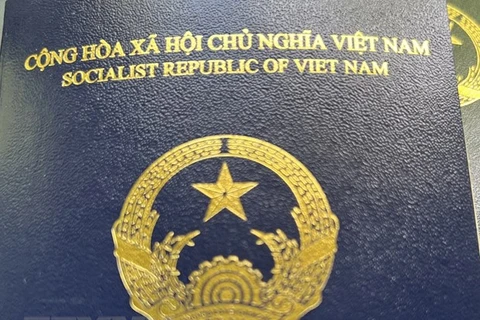Hộ chiếu phổ thông mẫu mới của Việt Nam có màu xanh tím than để phân biệt với hộ chiếu phổ thông mẫu cũ. (Ảnh: Mạnh Hùng/TTXVN)