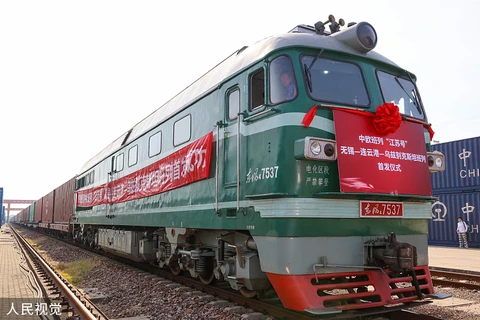 Chuyến tàu hàng đầu tiên rời thành phố Vô Tích ở tỉnh Giang Tô, miền Đông Trung Quốc đến Trung Á, ngày 13/8/2022. (Nguồn: global.chinadaily.com.cn)