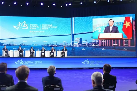 Thủ tướng Việt Nam Phạm Minh Chính phát biểu trực tuyến tại Diễn đàn Kinh tế phương Đông lần thứ 7 (EEF 2022). (Ảnh: TTXVN phát)