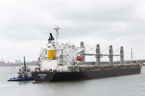 Tàu chở ngũ cốc của Ukraine cập cảng Foynes (Ireland) ngày 20/8/2022. (Ảnh: AFP/TTXVN)