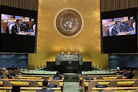Đại sứ Đặng Hoàng Giang phát biểu tại một phiên thảo luận của Đại hội đồng Liên hợp quốc. (Ảnh: Khắc Hiếu/TTXVN)