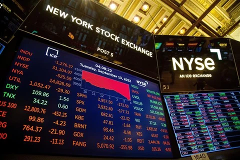 Bảng điện tử hiển thị các chỉ số chứng khoán tại thị trường giao dịch chứng khoán New York (Mỹ) ngày 13/9/2022. (Ảnh: THX/TTXVN)