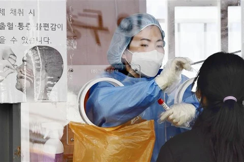 Nhân viên y tế lấy mẫu xét nghiệm COVID-19 cho người dân tại Seoul (Hàn Quốc). (Ảnh: Kyodo/TTXVN)