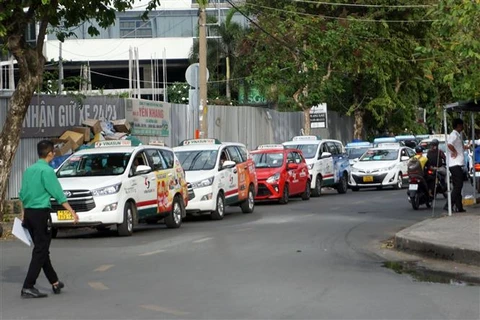 Thời gian qua do thiếu bãi đậu, nhiều xe taxi phải đậu các tuyến đường bên ngoài sân bay Tân Sơn Nhất để chờ vào đón khách. (Ảnh: Tiến Lực/TTXVN)