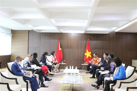Bộ trưởng Ngoại giao Bùi Thanh Sơn gặp song phương Bộ trưởng Ngoại giao Timor Leste Albertina Magno. (Ảnh: Đào Trang/TTXVN)